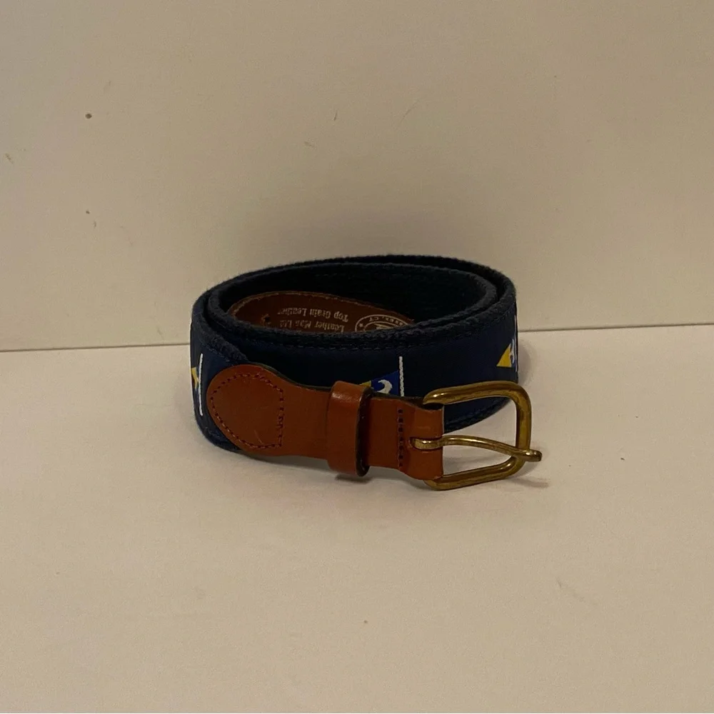 LEATHER MAN MENS BELT BLUE NAUTICAL FLAGS BROWN TAN Size 30 BRASS BUCKLE USA